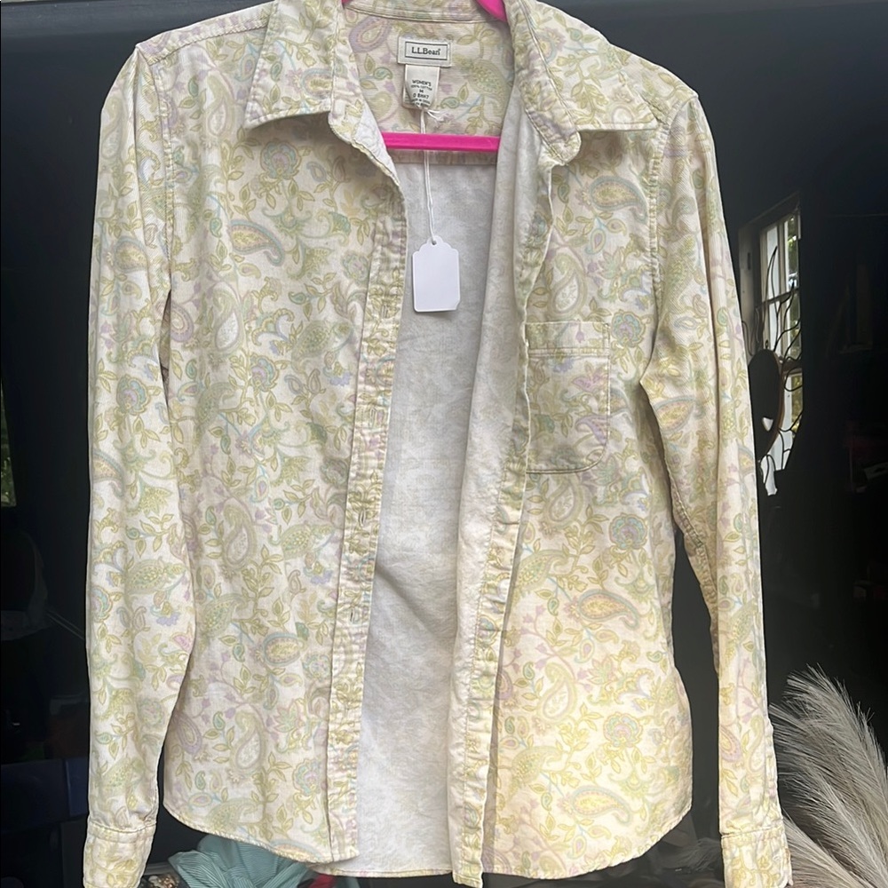 L.L. Bean Women's Cream Button-Down Shirt with Pastel Paisley